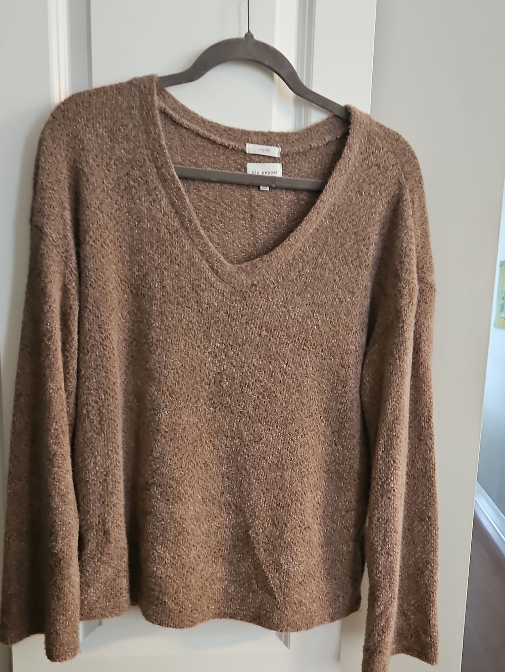 Blu Pepper Women's Brown V-Neck Cozy Knit Sweater